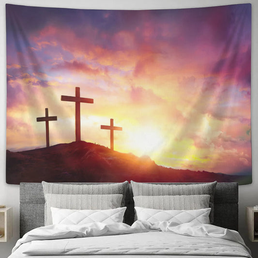 Triple Cross Tapestry - Sunset Sunrise Tapestry - Holy Christian Cross Tapestry - Religious Tapestry - Resurrection of Jesus Tapestry - Ciaocustom