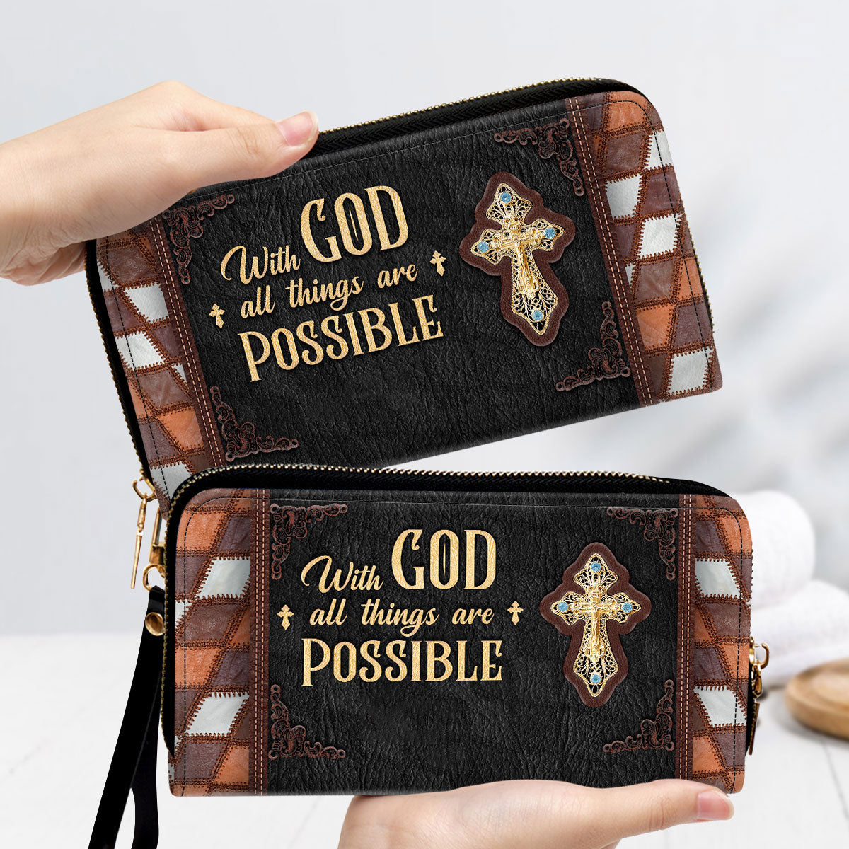 Cross With God All Things Are Possible Clutch Purse For Women - Personalized Name - Christian Gifts For Women