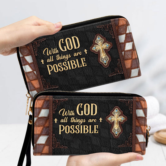 Cross With God All Things Are Possible Clutch Purse For Women - Personalized Name - Christian Gifts For Women