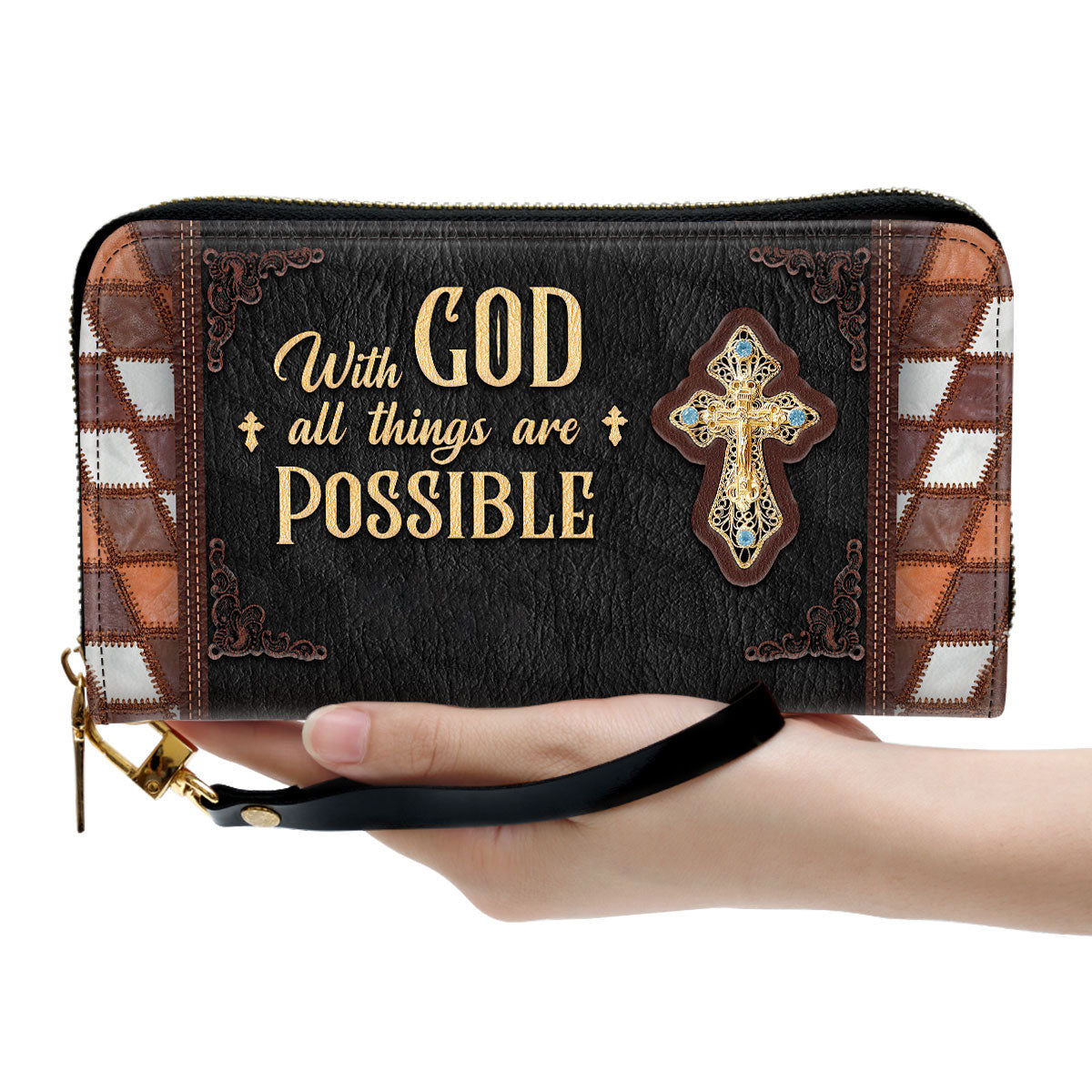 Cross With God All Things Are Possible Clutch Purse For Women - Personalized Name - Christian Gifts For Women
