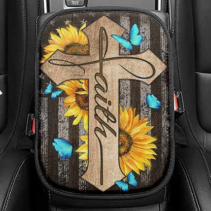 Cross With Sunflower Faith Seat Box Cover, Bible Verse Car Center Console Cover, Christian Inspirational Car Interior Accessories
