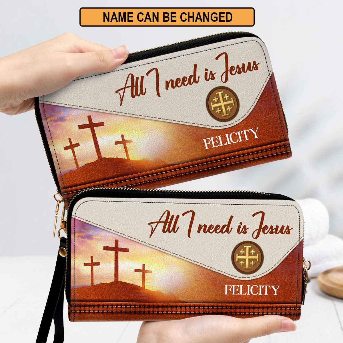 Cross With Wristlet Strap Handle Spiritual Gifts For Christ Women All I Need Is Jesus Clutch Purse For Women - Personalized Name - Christian Gifts For Women