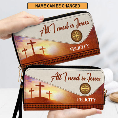 Cross With Wristlet Strap Handle Spiritual Gifts For Christ Women All I Need Is Jesus Clutch Purse For Women - Personalized Name - Christian Gifts For Women