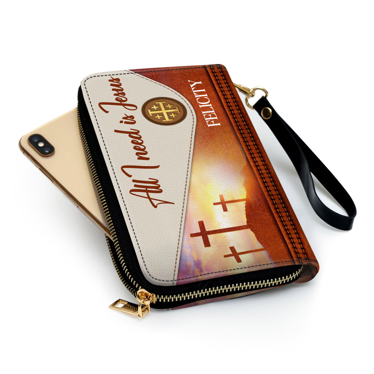 Cross With Wristlet Strap Handle Spiritual Gifts For Christ Women All I Need Is Jesus Clutch Purse For Women - Personalized Name - Christian Gifts For Women