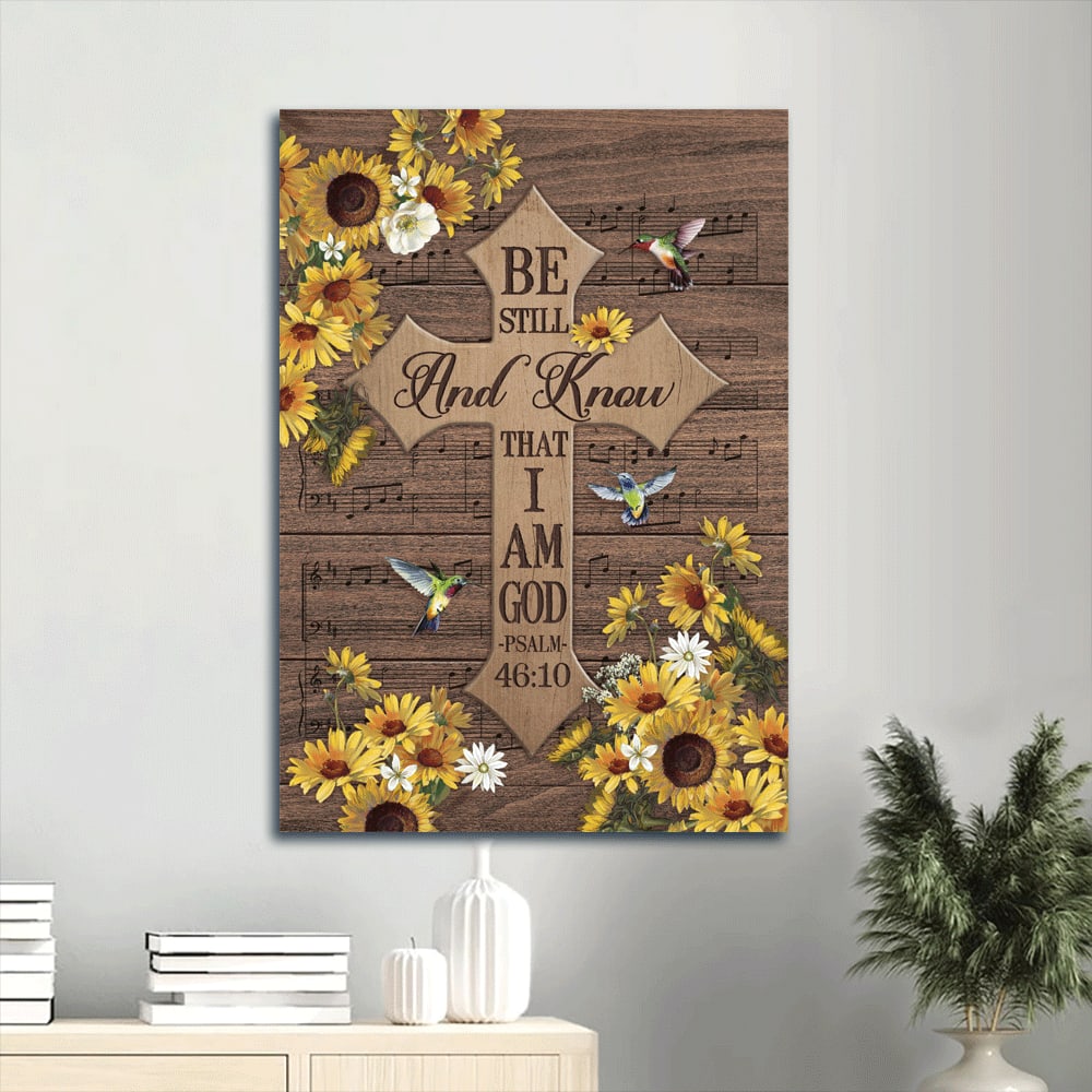 Cross Yellow Daisy Frame Hummingbird Be Still And Know That I Am God Canvas Wall Art - Christian Gift