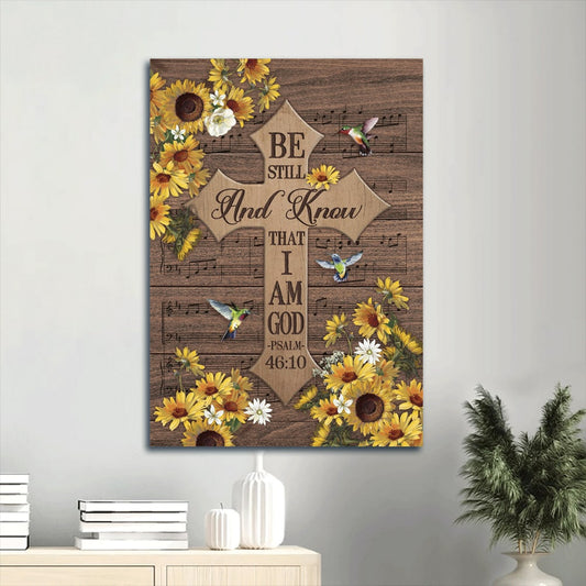 Cross Yellow Daisy Frame Hummingbird Be Still And Know That I Am God Canvas Wall Art - Christian Gift