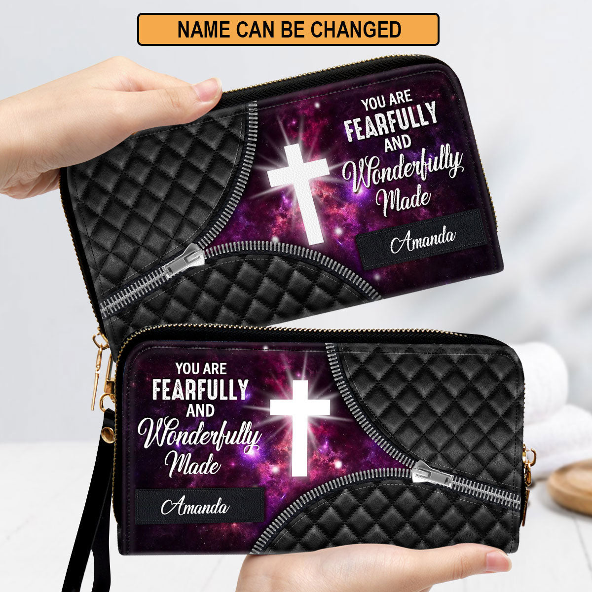 Cross You Are Fearfully And Wonderfully Made Clutch Purse For Women - Personalized Name - Christian Gifts For Women