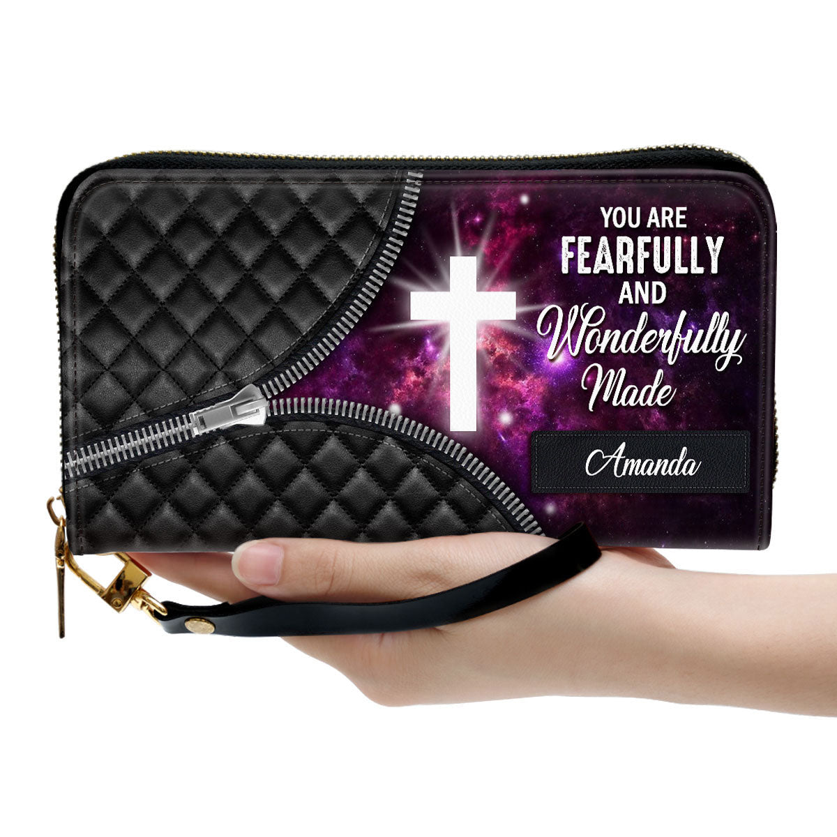 Cross You Are Fearfully And Wonderfully Made Clutch Purse For Women - Personalized Name - Christian Gifts For Women