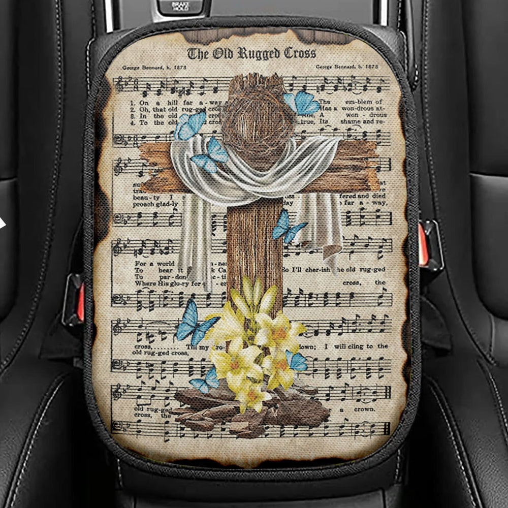Crown Of Thorns Song Lyrics The Old Rugged Cross Seat Box Cover, Christian Car Center Console Cover, Religious Car Interior Accessories