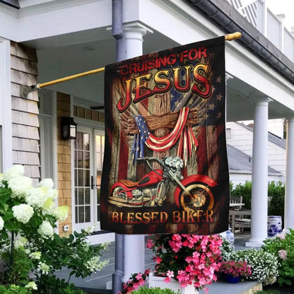 Cruising For Jesus Blessed Biker House Flags - Christian Garden Flags - Outdoor Christian Flag