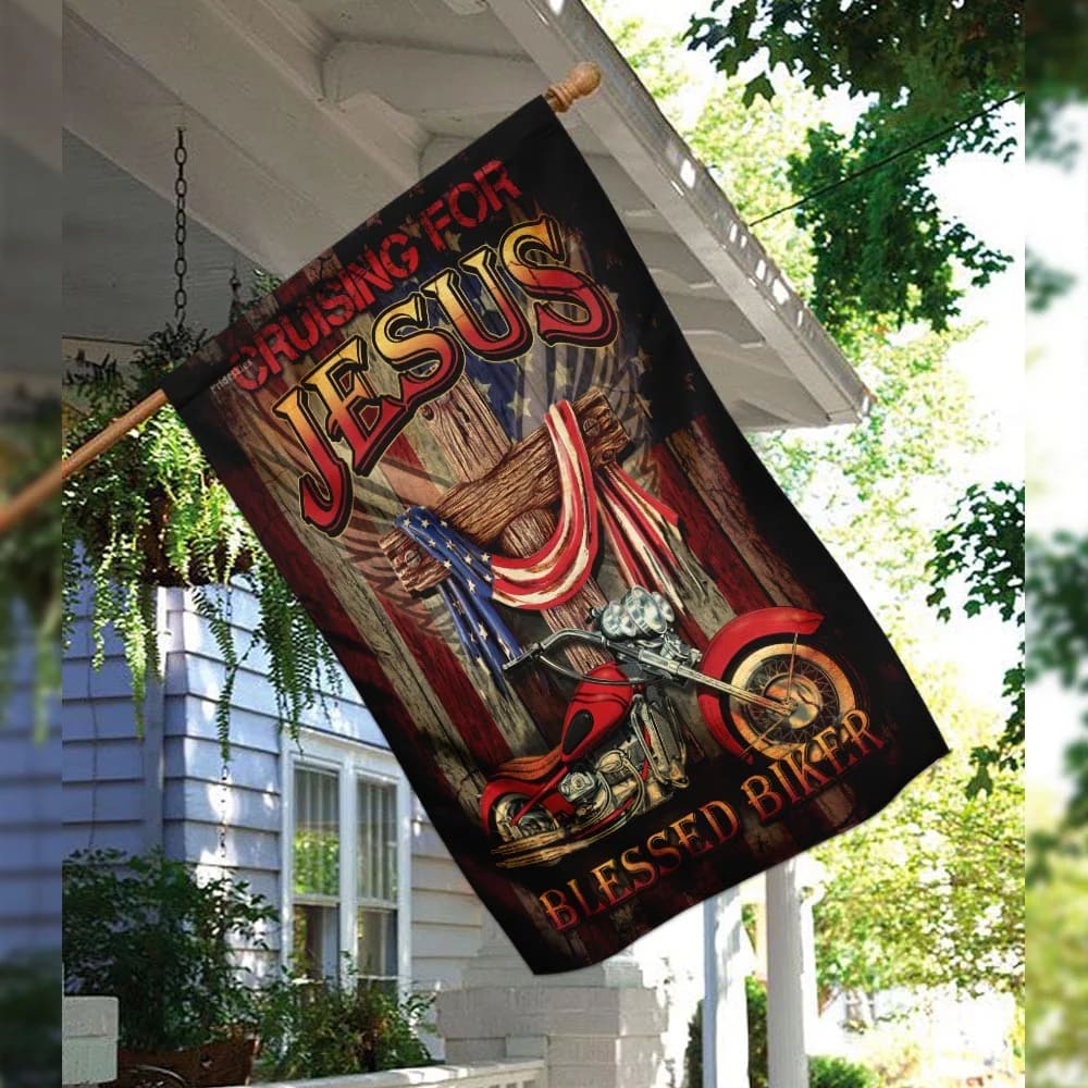 Cruising For Jesus Blessed Biker House Flags - Christian Garden Flags - Outdoor Christian Flag