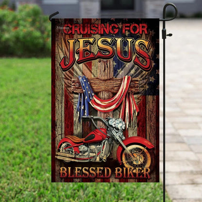 Cruising For Jesus Blessed Biker House Flags - Christian Garden Flags - Outdoor Christian Flag