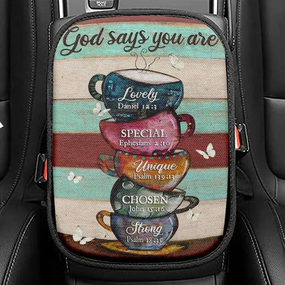 Cups Drawing, Coffee Cups, God Says You Are Car Center Console Cover, Christian Armrest Seat Cover, Bible Seat Box Cover