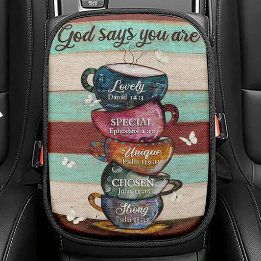 Cups Drawing, Coffee Cups, God Says You Are Car Center Console Cover, Christian Armrest Seat Cover, Bible Seat Box Cover
