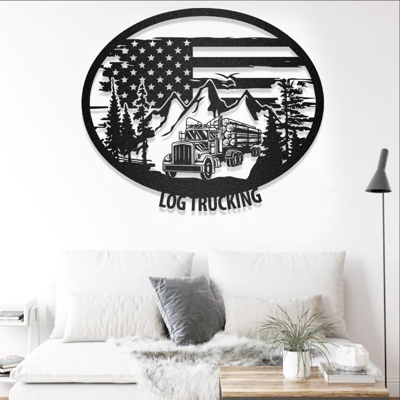 Custom America Flag with Log Truck Wall Art - Metal Decor Wall Art - Heavy Equipment Operator Gifts