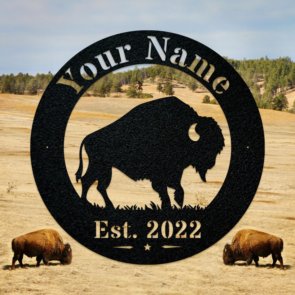 Custom Bison Circle Monogram Sign - Lone Bison Decor - Buffalo Decor - Bison Name Metal Sign
