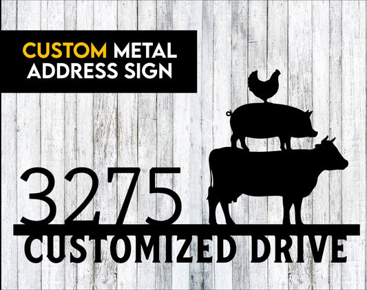 Custom Chicken Pig Cow  Metal Sign - Custom Metal Address Sign - Personalized Metal Farm Signs - Metal Farm Signs - Farmer Gifts