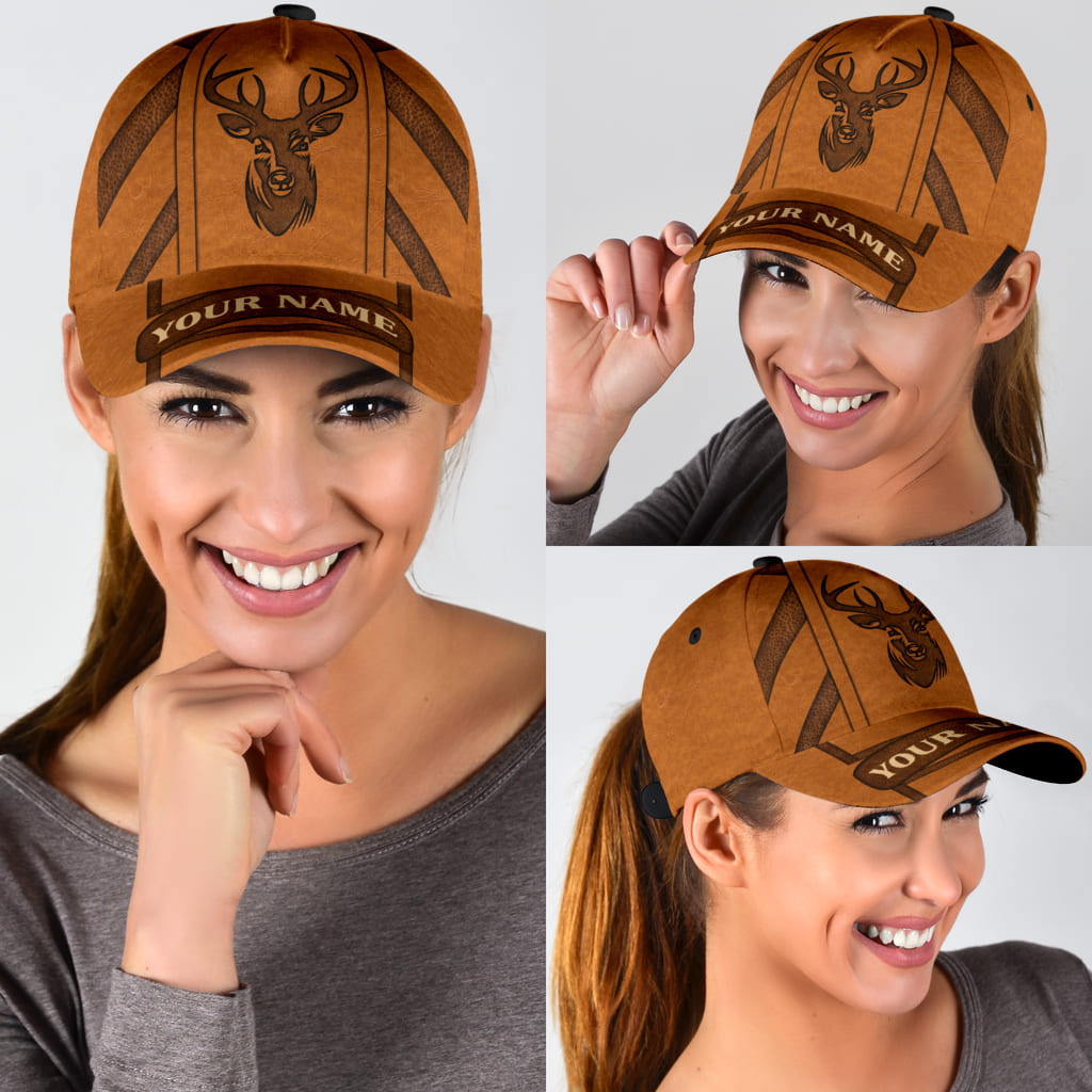 Custom Deer Hunting Classic Cap Hat Brown Leather Pattern Cap Hat