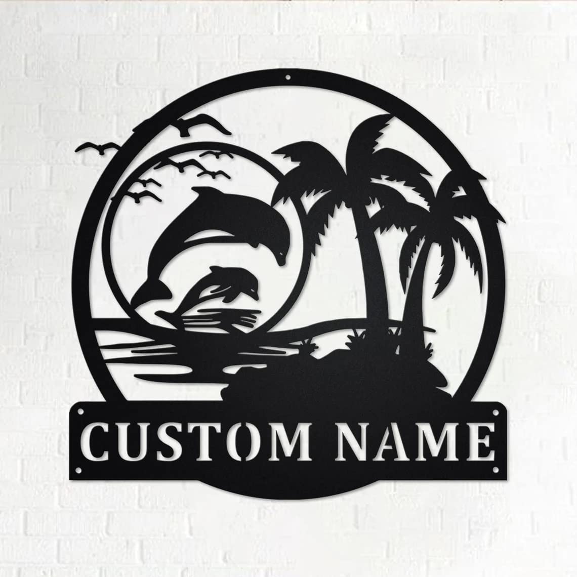 Custom Dolphin Beach Palm Tree Metal Wall Art - Personalized Metal Dolphin Sign - Outdoor Decor Metal Wall Art