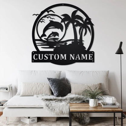 Custom Dolphin Beach Palm Tree Metal Wall Art - Personalized Metal Dolphin Sign - Outdoor Decor Metal Wall Art