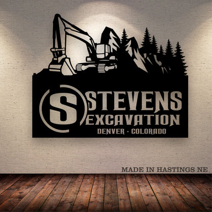 Custom Excavator Mountain Trees Vehicle Metal Sign - Metal Decor Wall Art - Heavy Equipment Operator Gifts