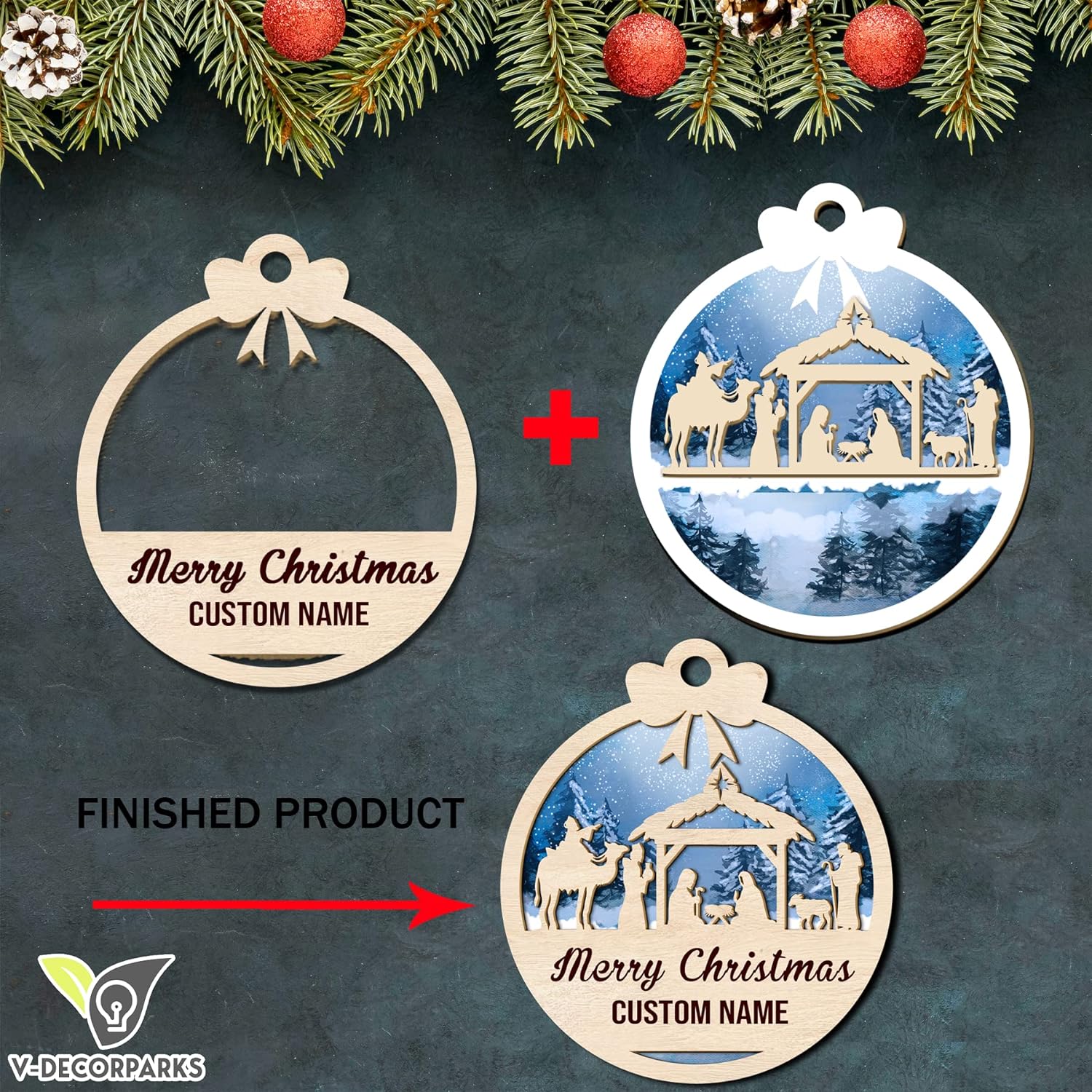Custom Family Christmas Nativity of Jesus Wood Layered Ornaments - Personalized Ornaments for Christmas Tree Decorations