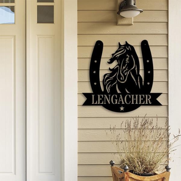 Custom Horse Head Horseshoe Monogram Metal Sign - Metal Horse Wall Art - Metal Decorative Signs