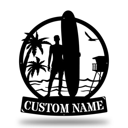 Custom Longboard Male Surfer Metal Sign - Outdoor Decor Metal Wall Art - Metal Signs For Home