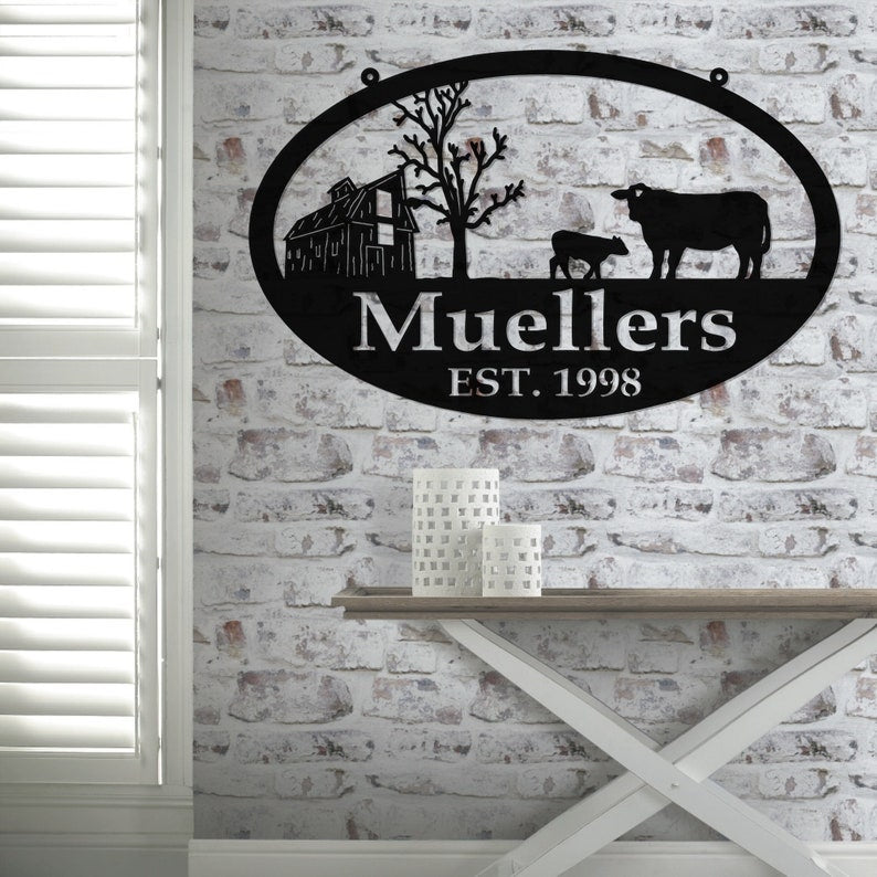 Custom Metal Farm Sign Barn And Cow - Personalized Family Name Metal Sign - Housewarming Gift