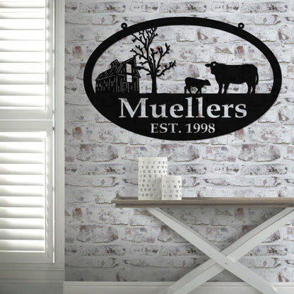 Custom Metal Farm Sign Barn And Cow - Personalized Family Name Metal Sign - Housewarming Gift