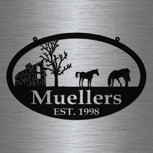 Custom Metal Farm Sign Barn And Horse - Personalized Family Name Metal Sign - Housewarming Gift