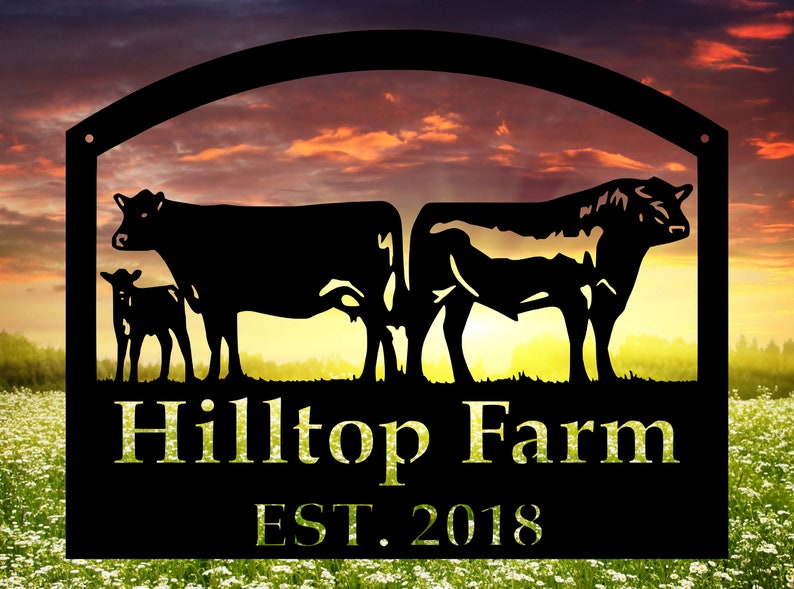 Custom Metal Farm Sign Cows And Bull - Personalized Family Name Metal Sign - Wedding Gift