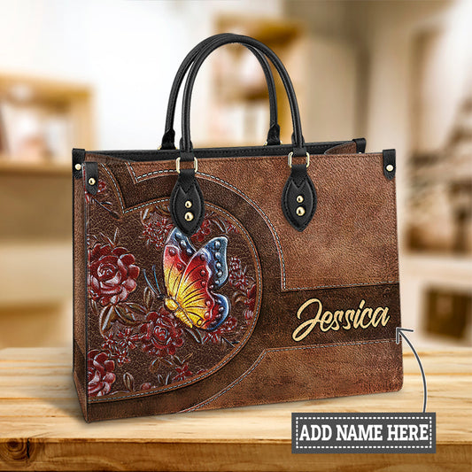 Custom Name Butterfly Flower Leather Bag - Women's Pu Leather Bag - Best Mother's Day Gifts