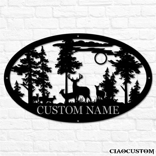 Custom Name Deer Metal Sign - Deer Oval Monogram - Decorative Metal Wall Art - Metal Signs For Home