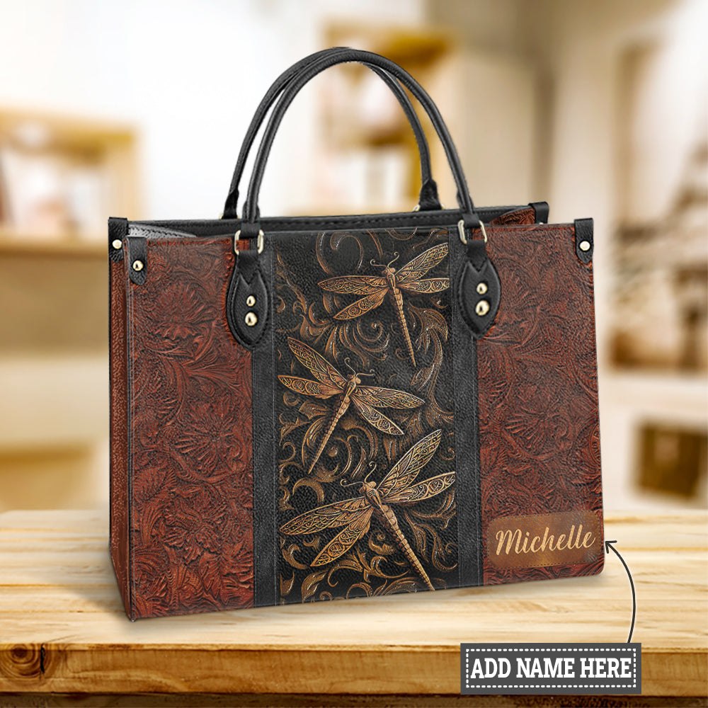 Custom Name Dragonfly Art Leather Bag - Women's Pu Leather Bag - Best Mother's Day Gifts