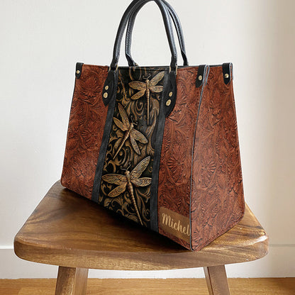 Custom Name Dragonfly Art Leather Bag - Women's Pu Leather Bag - Best Mother's Day Gifts