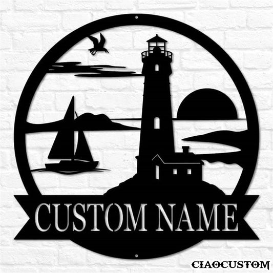 Custom Name Lighthouse Metal Sign - Lighthouse Monogram - Decorative Metal Wall Art - Metal Signs For Home