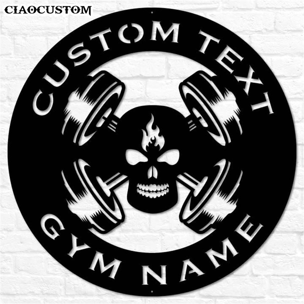 Custom Name Skull Barbell Plate Gym Metal Sign - Metal Decor Wall Art - Home Gym Decor