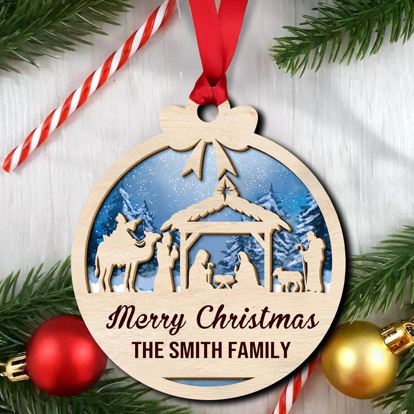 Custom Nativity Merry Christmas Family Wood Layered Ornaments - Personalized Ornaments for Christmas Tree Decorations