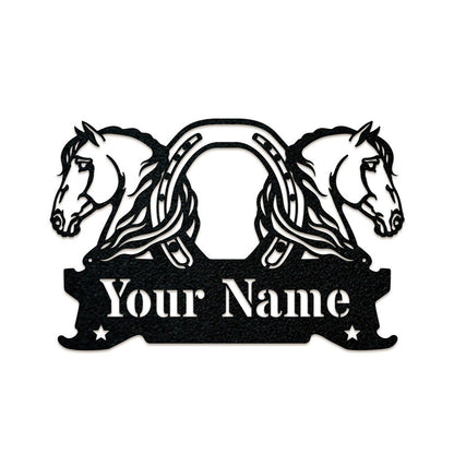 Custom Twin Horses And Horseshoe Monogram - Metal Farrier Sign - Metal Horse Wall Art - Metal Decorative Signs