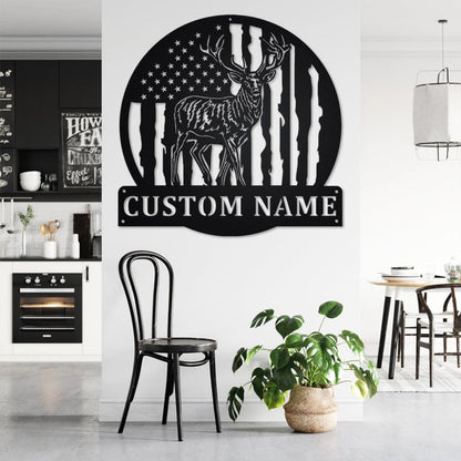 Custom US Flag Reindeer Metal Sign - Personalized Reindeer Name Sign - Metal Signs For Home