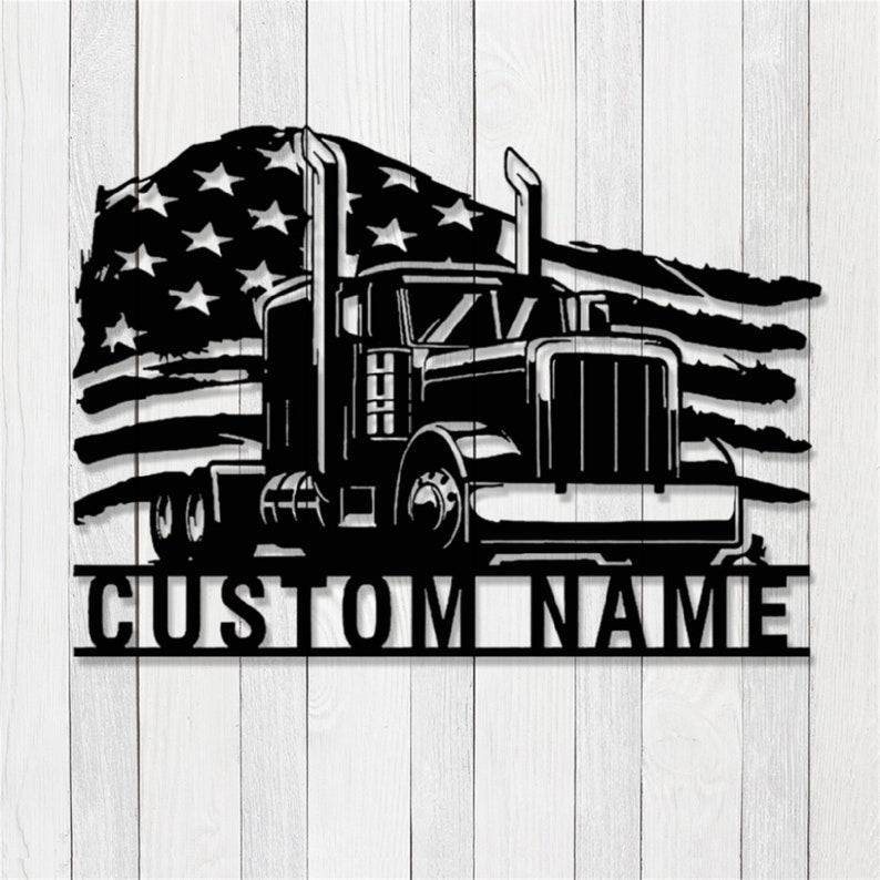 Custom US Flag Semi Truck Metal Wall Art - Personalized Trucker Truck Driver Wall Art - Semi Trailer Home Decor - Fathers Day Gifts for Dad