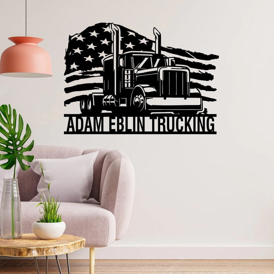 Custom US Flag Semi Truck Metal Wall Art - Personalized Trucker Truck Driver Wall Art - Semi Trailer Home Decor - Fathers Day Gifts for Dad
