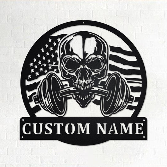 Custom US Flag Skull Fitness Metal Sign - Personalized Gymer Name Sign - Gym Metal Home Decor - Custom US Flag Fitness
