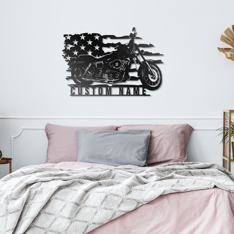 Custom US Motorcycle Metal Sign - Personalized Motorcycle Garage Name Sign - US Biker Home Decor