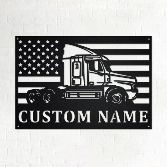 Custom Us Flag Semi Truck Metal Sign - Personalized Semi Truck Wall Art - Semi Truck Home Decor