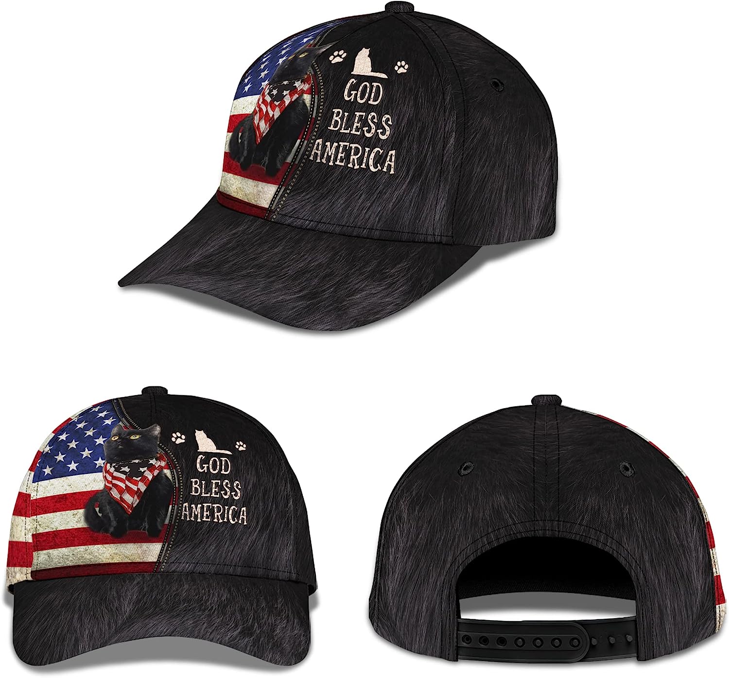 Cute Cat Us Flag God Bless America All Over Print Baseball Cap - Christian Hats For Men Women