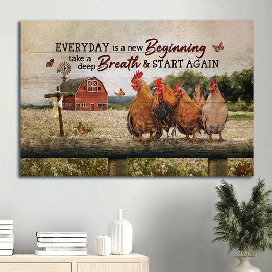 Cute Rooster Happy Farm Red House Orange Butterfly Canvas Everyday Is A New Beginning Canvas Wall Art - Christian Wall Decor