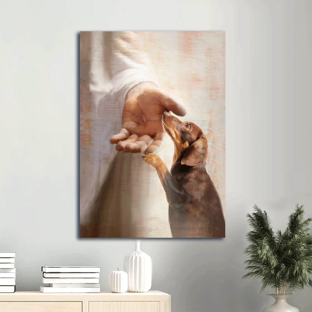 Dachshund Dachshund Dog Jesus's Hand Light Background Dog Painting Gift For Dachshund Lover Canvas Wall Art - Christian Gift