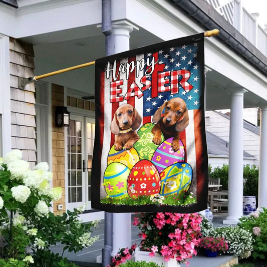 Dachshund Dog Easter Egg Hunt House Flag - Happy Easter Garden Flag - Decorative Easter Flags